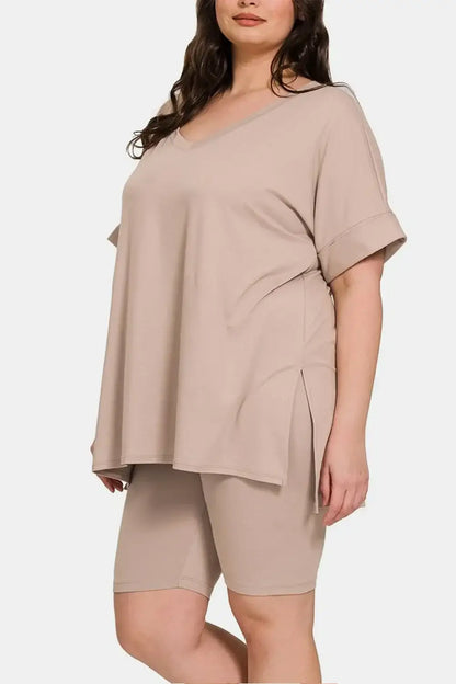 Beige plus-size peplum top with shorts set featuring short sleeve slit design and soft fabric