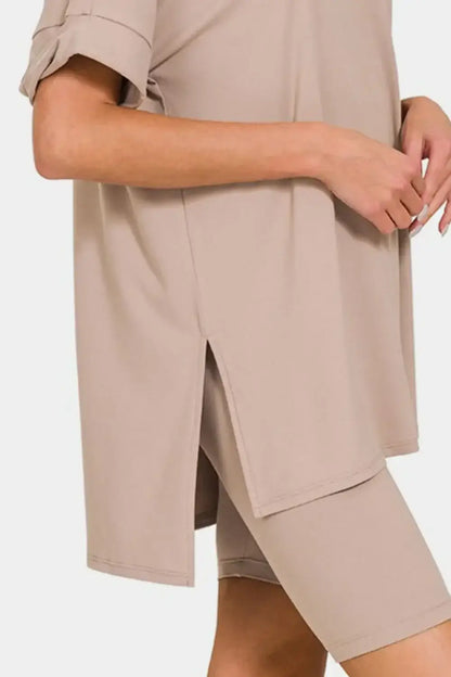 Beige cargo shorts with pockets and side slit, perfect for short sleeve slit outfits