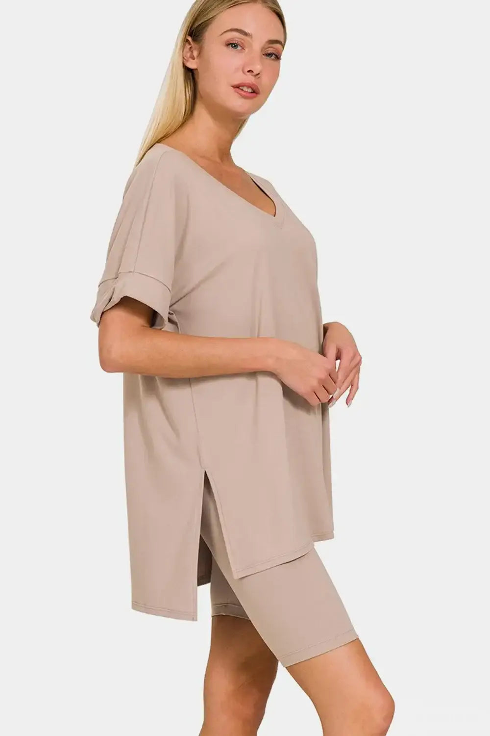 Beige oversized tunic with short sleeve and side slit in Zenana V-Neck T-Shirt and Shorts Set