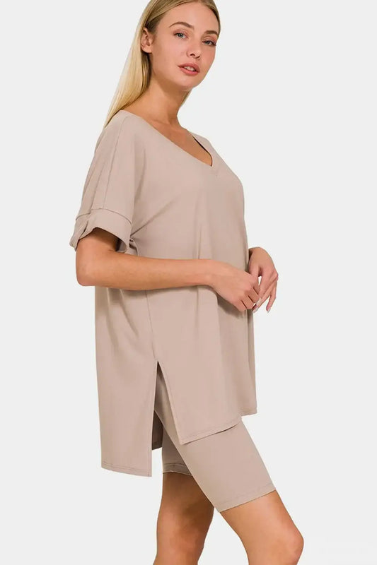Beige oversized tunic with short sleeve and side slit in Zenana V-Neck T-Shirt and Shorts Set