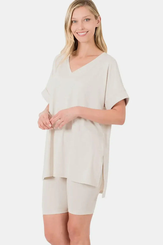 Beige oversized tunic with short sleeve slit and matching shorts set from Zenana
