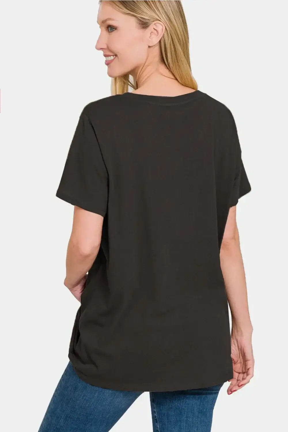 Black Zenana full size v-neck short sleeve t-shirt with round neckline