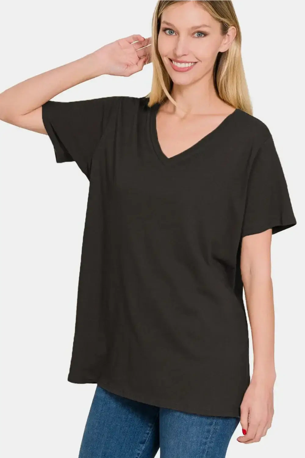 Black Zenana full size v-neck short sleeve t-shirt with relaxed fit