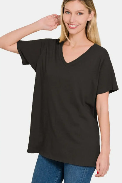 Black Zenana full size v-neck short sleeve t-shirt with relaxed fit