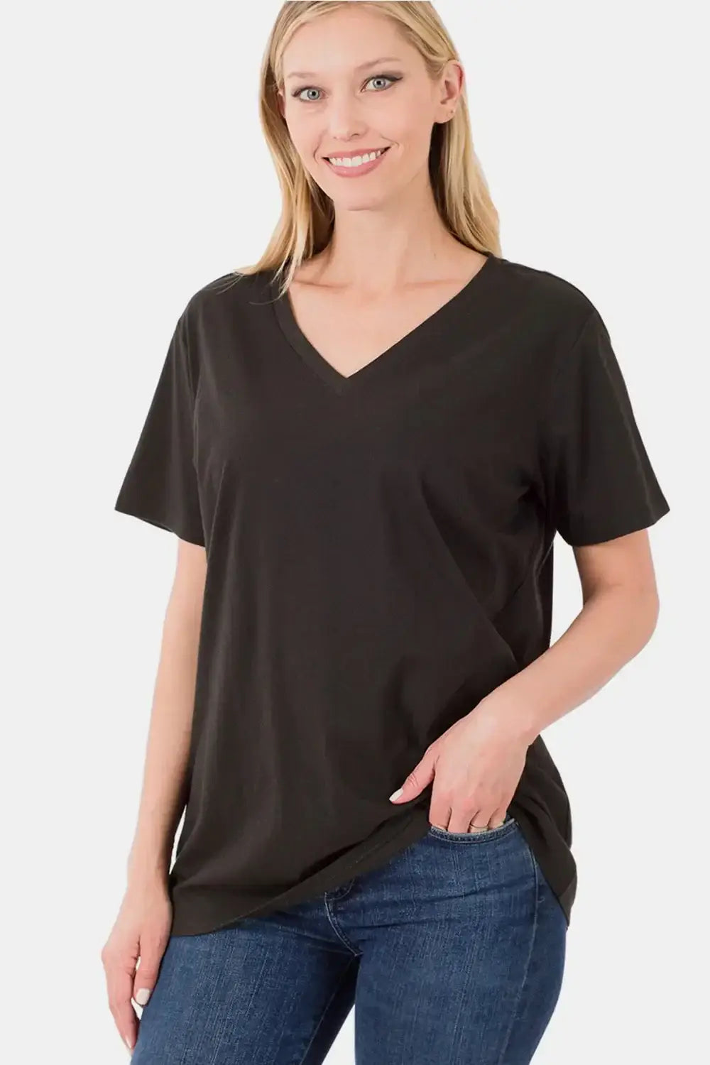 Black Zenana V-Neck Short Sleeve T-Shirt with a relaxed fit and short sleeves