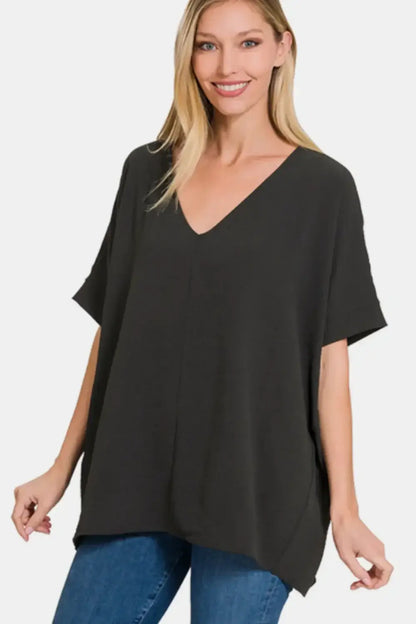 Zenana Full Size V-Neck Short Sleeve Top - BLACK / S