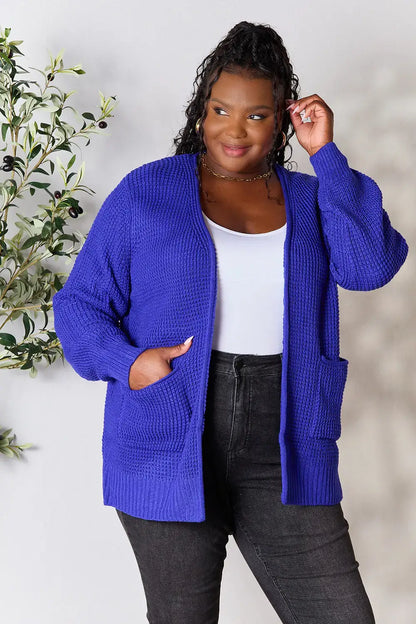 Plus-size woman wearing Zenana royal blue waffle-knit open front cardigan with relaxed fit