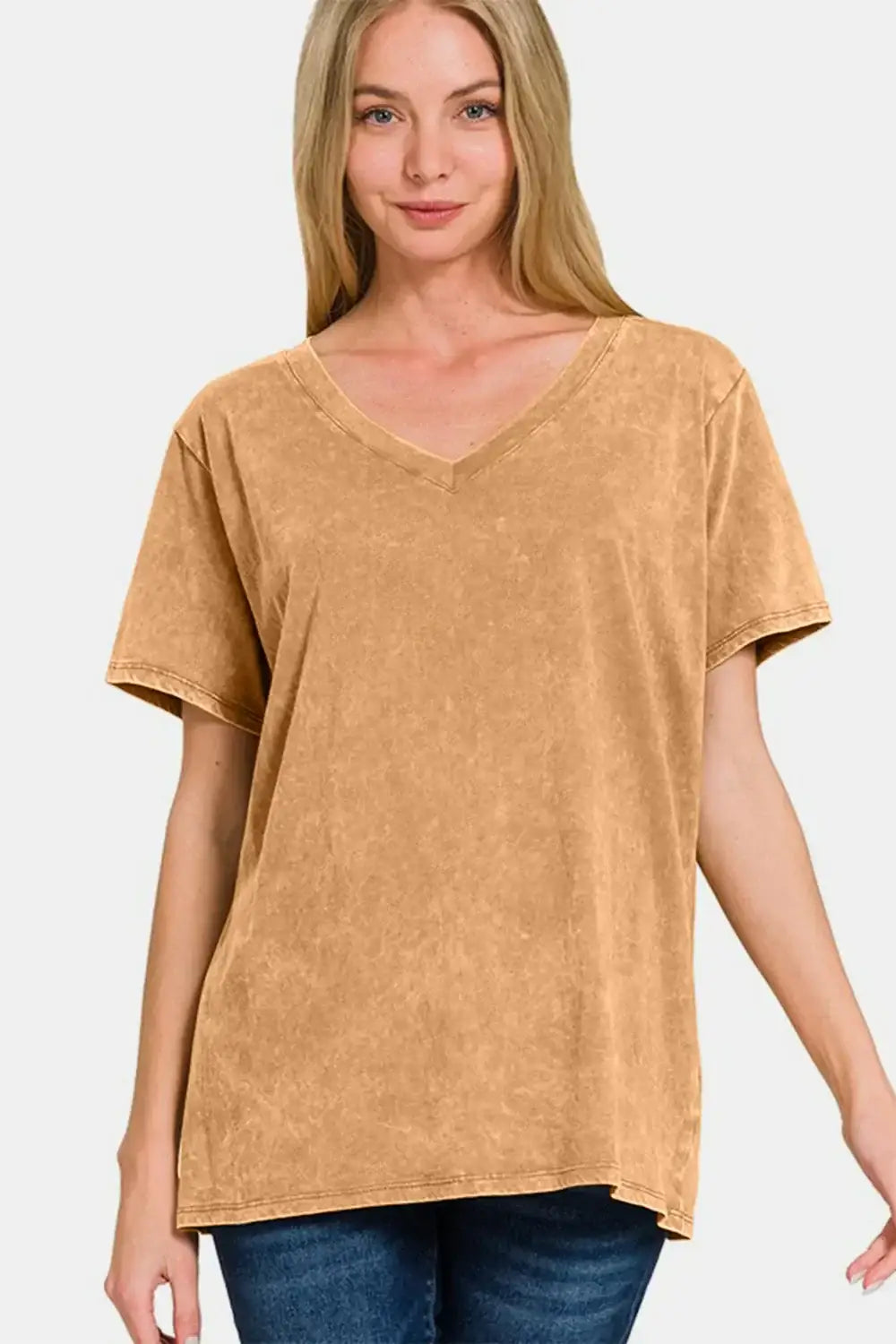 Camel-colored oversized washed short sleeve v-neck t-shirt with subtle tie-dye effect