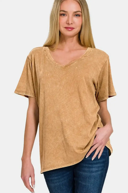 Mustard yellow Zenana washed short sleeve v-neck t-shirt with relaxed fit