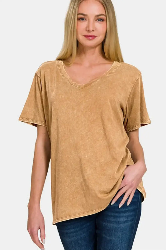 Mustard yellow Zenana washed short sleeve v-neck t-shirt with relaxed fit