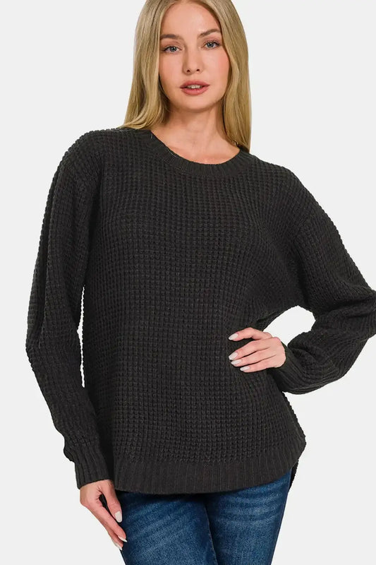 Black textured Zenana high low long sleeve waffle sweater with balloon sleeves and ribbed neckline
