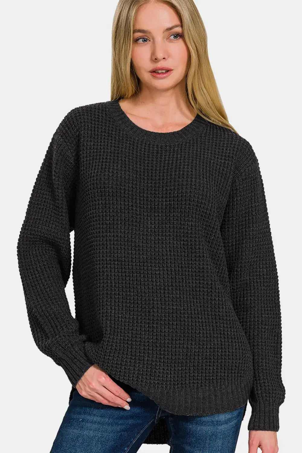 Black textured Zenana High Low Long Sleeve Waffle Sweater with round neckline