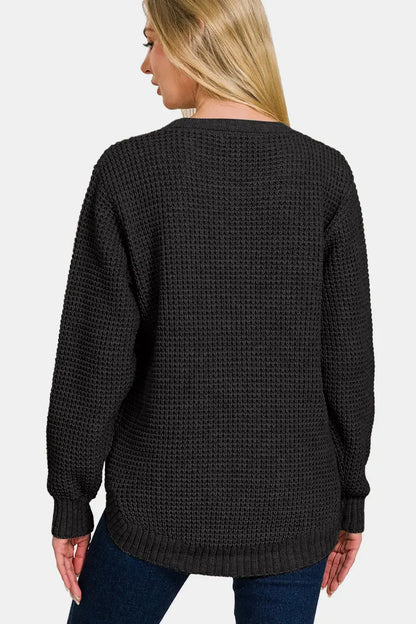 Black textured Zenana High Low Long Sleeve Waffle Sweater with round neckline