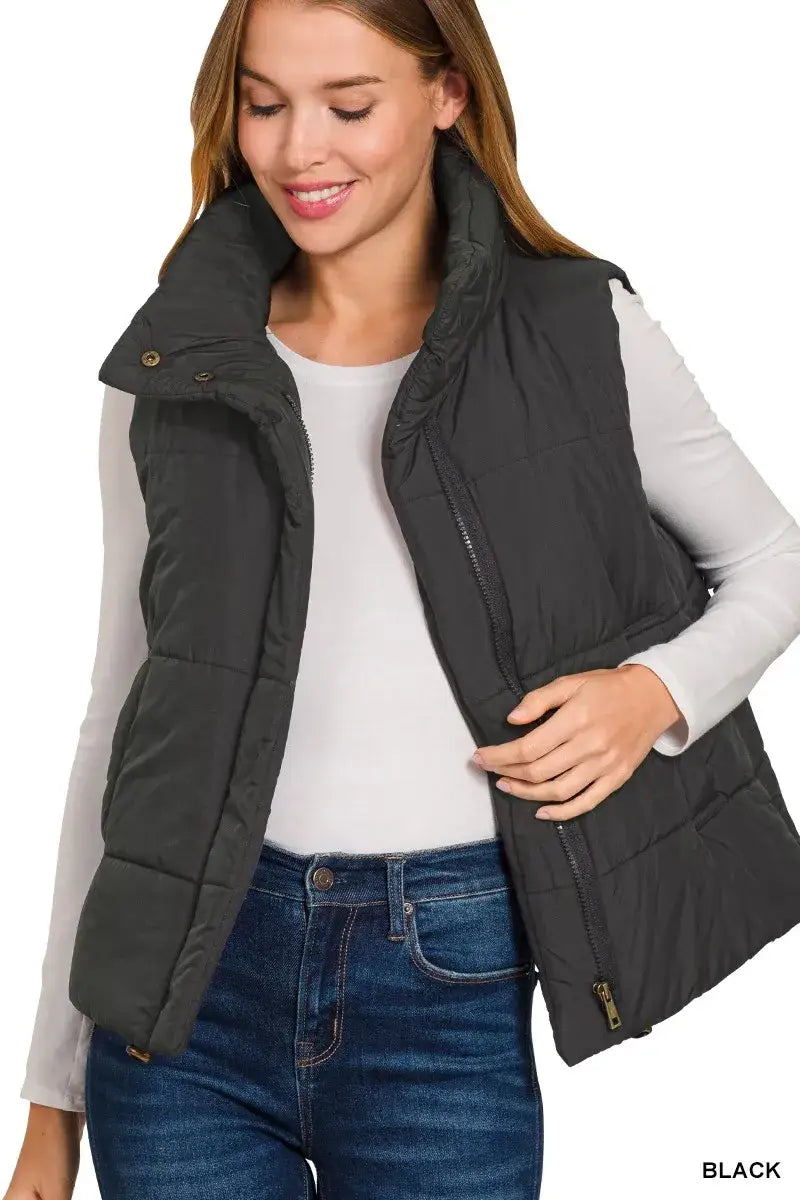 Zenana High Neck Zip-Up Vest Coat - Neck Zip-Up Vest Coat