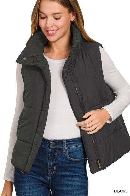 Zenana High Neck Zip-Up Vest Coat - Neck Zip-Up Vest Coat