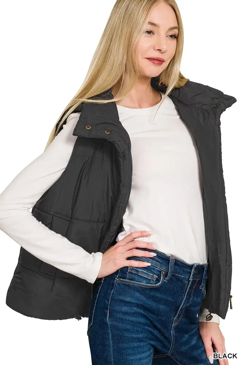 Zenana High Neck Zip-Up Vest Coat - Neck Zip-Up Vest Coat