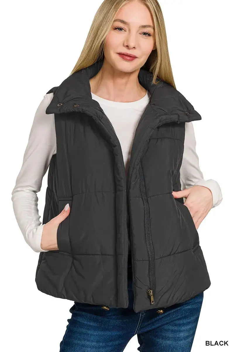 Zenana High Neck Zip-Up Vest Coat - Neck Zip-Up Vest Coat