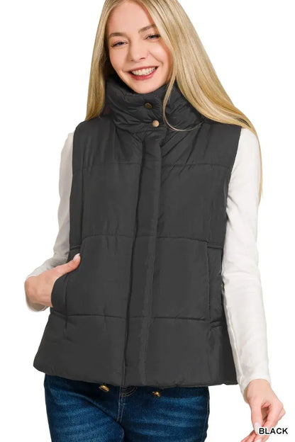 Zenana High Neck Zip-Up Vest Coat - BLACK / S - Neck Zip-Up Vest Coat