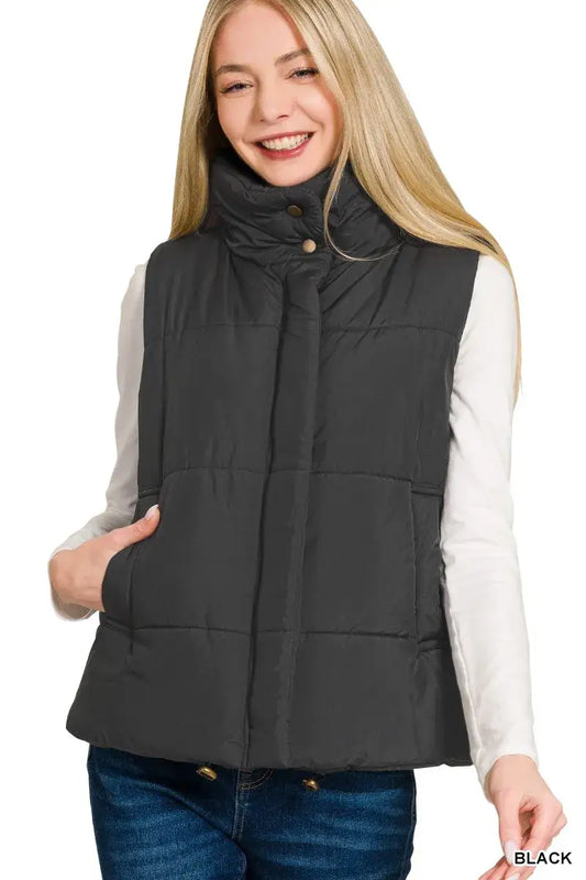 Zenana High Neck Zip-Up Vest Coat - BLACK / S - Neck Zip-Up Vest Coat
