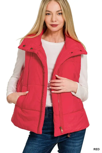 Zenana High Neck Zip-Up Vest Coat - RED / S