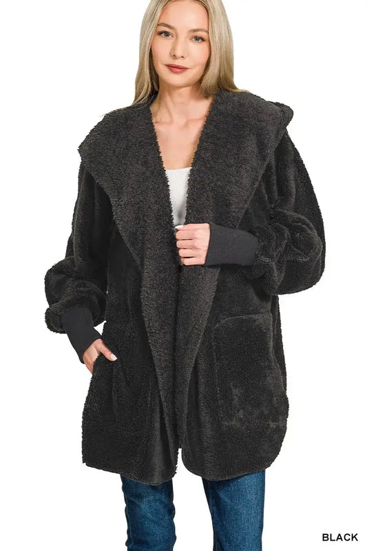 Zenana Hooded Faux Fur Jacket with Pockets - Fur Jacket with Pockets