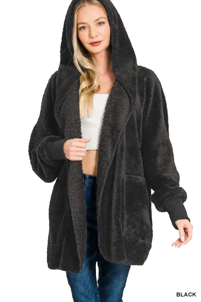 Zenana Hooded Faux Fur Jacket with Pockets - BLACK / S/M - Fur Jacket with Pockets
