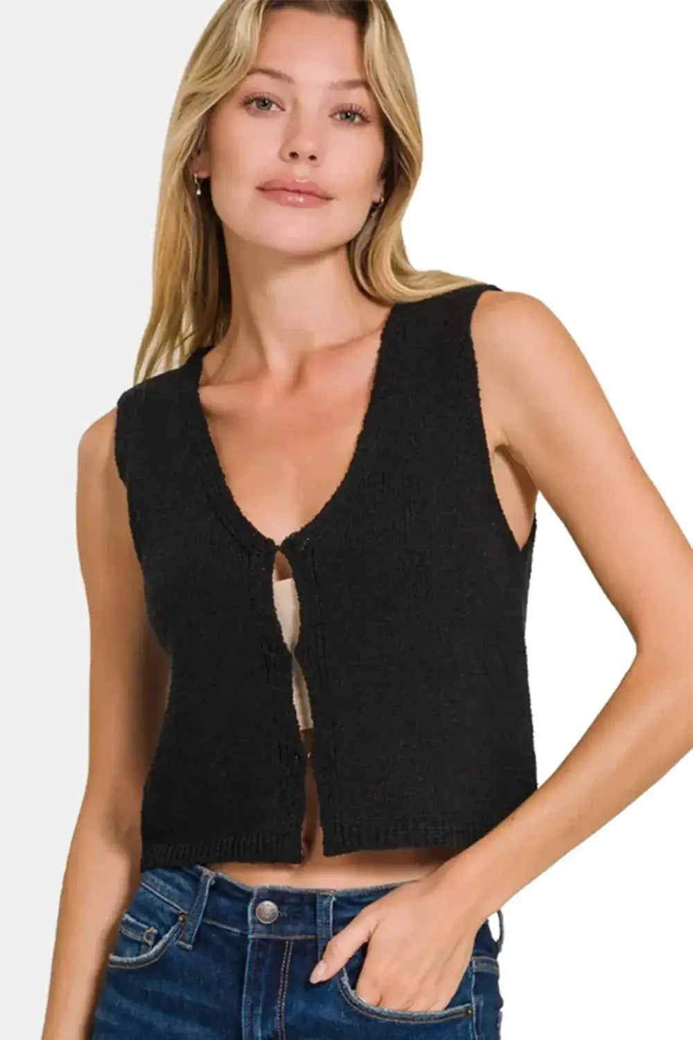 Zenana Hook and Eye Closure V-Neck Sweater Vest - Black / S