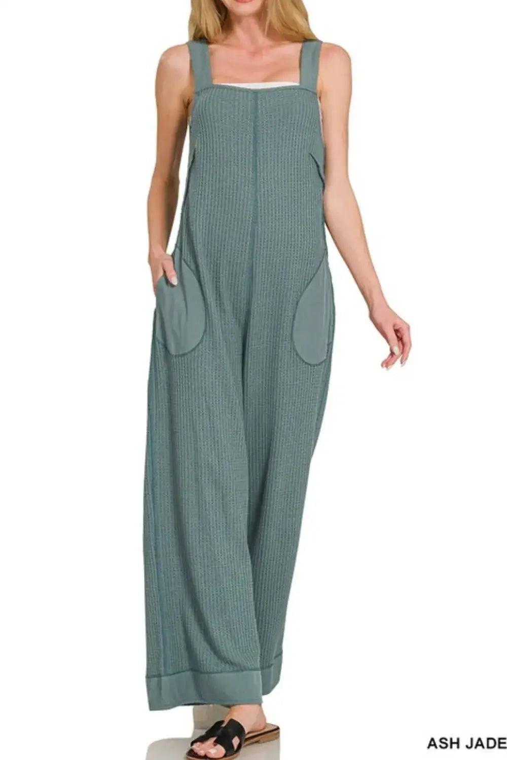 Zenana Knit Waffle Wide Leg Overalls