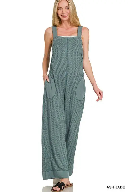 Zenana Knit Waffle Wide Leg Overalls - ASH JADE / S