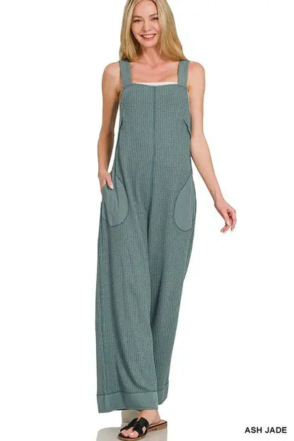 Zenana Knit Waffle Wide Leg Overalls - ASH JADE / S