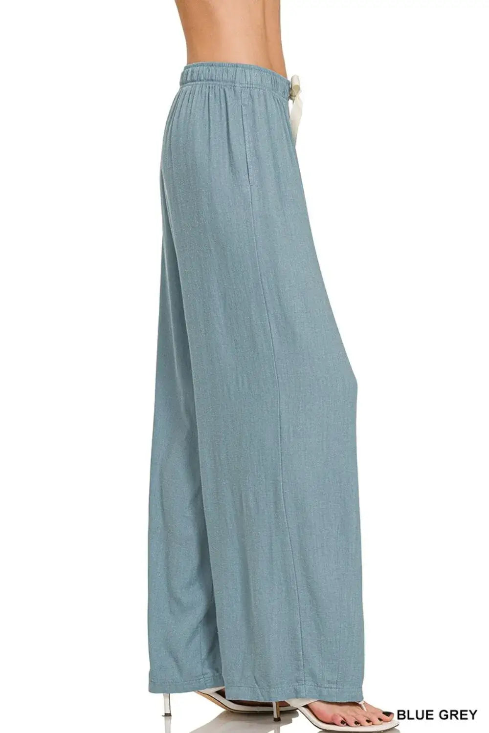 Blue grey Zenana linen drawstring pants with elastic waistband and side pockets