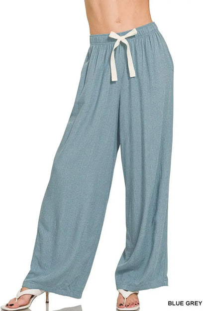 Blue-grey Zenana Linen Drawstring Pants with wide-leg, elastic hem, perfect for casual wear