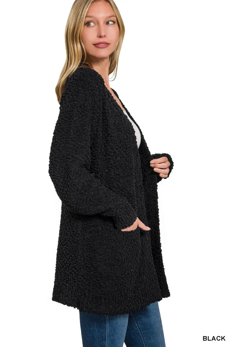 Zenana Long Sleeve Popcorn Sweater Cardigan with Pockets - Cardigan with Pockets