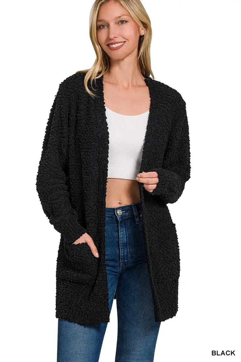 Zenana Long Sleeve Popcorn Sweater Cardigan with Pockets - BLACK / S - Cardigan with Pockets