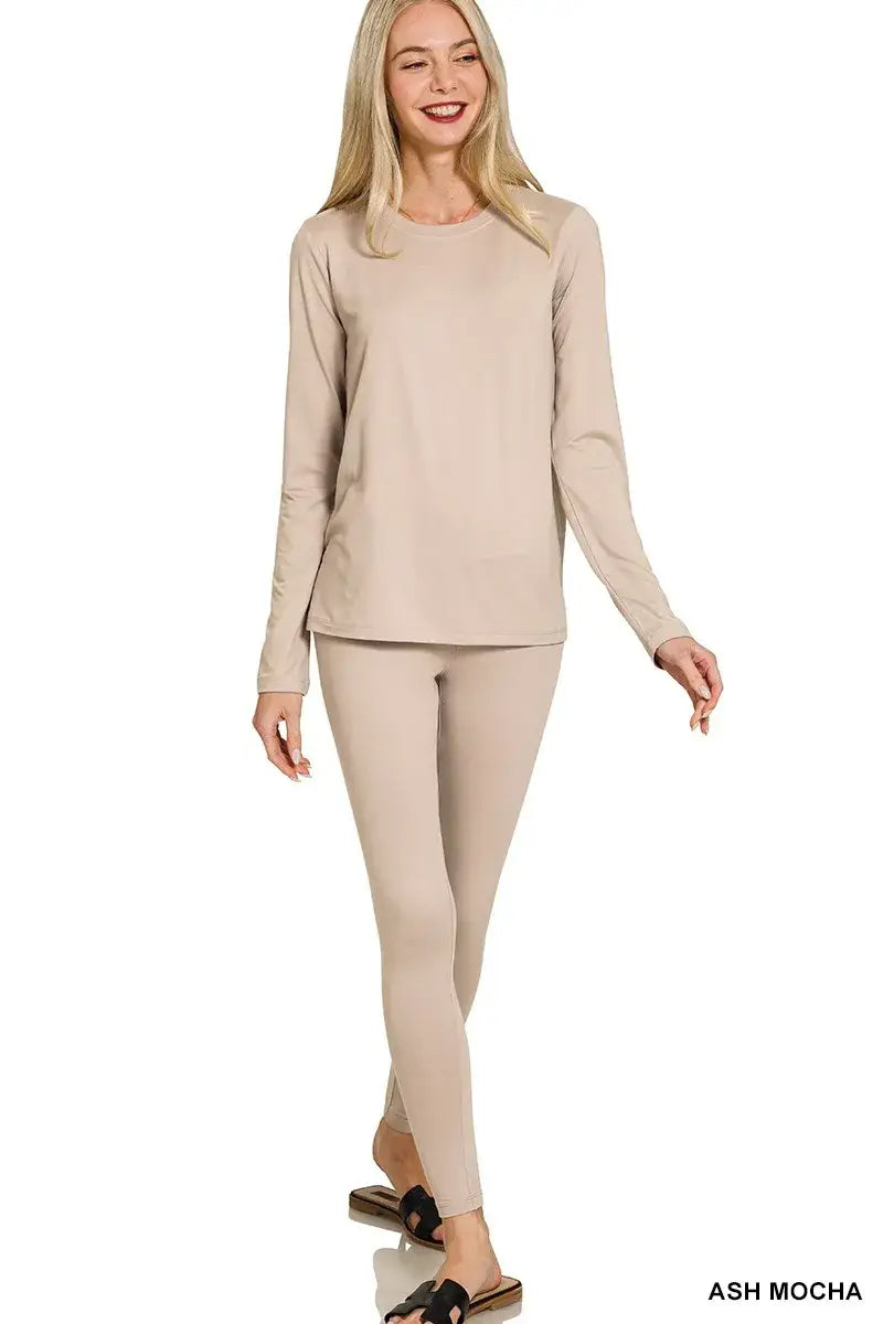Zenana Microfiber Round Neck Top and Leggings Set - ASH MOCHA / S - Neck Top and Leggings Set