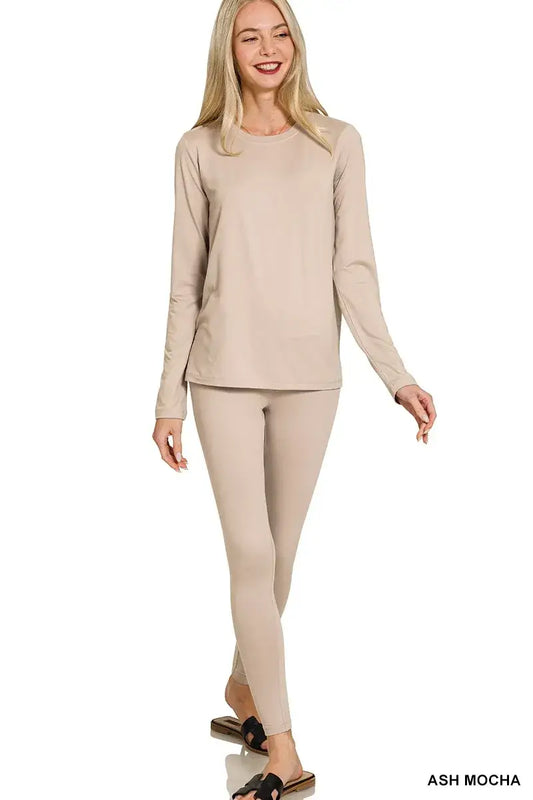 Zenana Microfiber Round Neck Top and Leggings Set - ASH MOCHA / S - Neck Top and Leggings Set