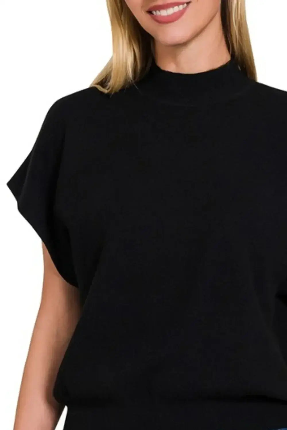 Black Zenana mock neck short dolman sleeve sweater with relaxed fit and short sleeves