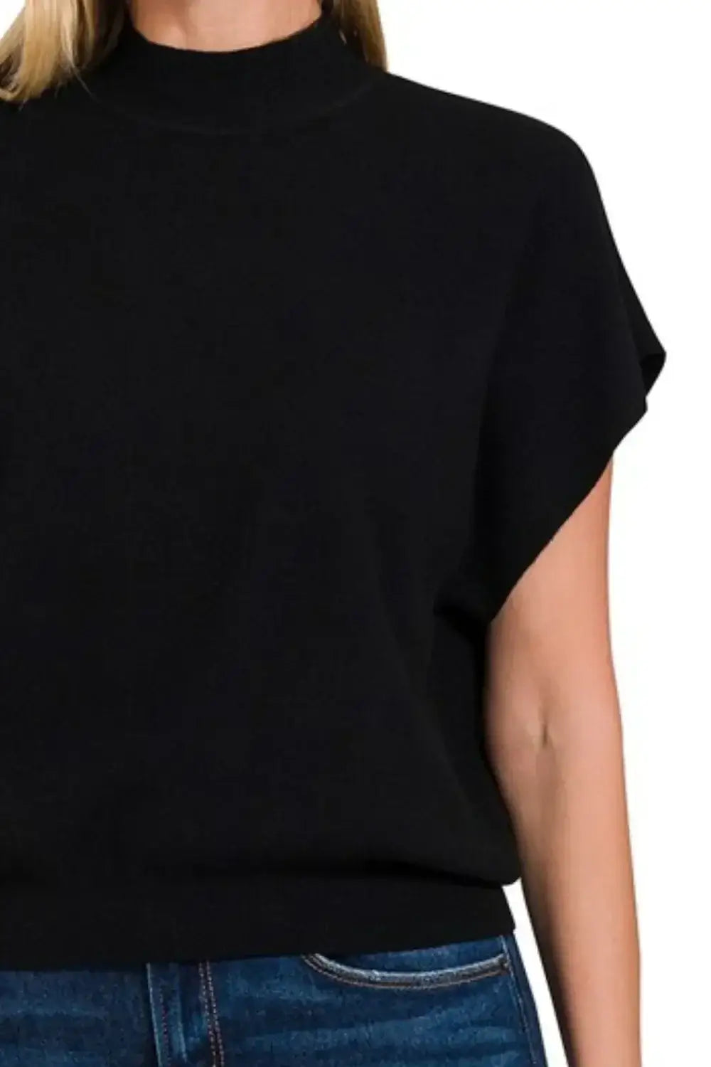 Black Zenana mock neck short sleeve relaxed fit T-shirt with dolman sleeves