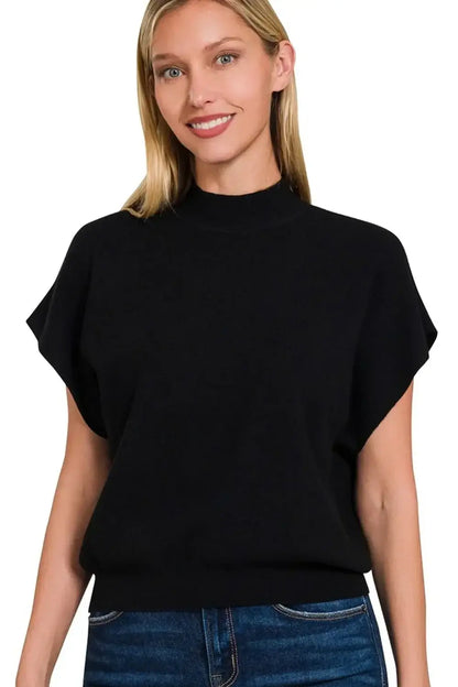 Black Zenana mock neck short sleeve t-shirt with relaxed fit and dolman sleeves
