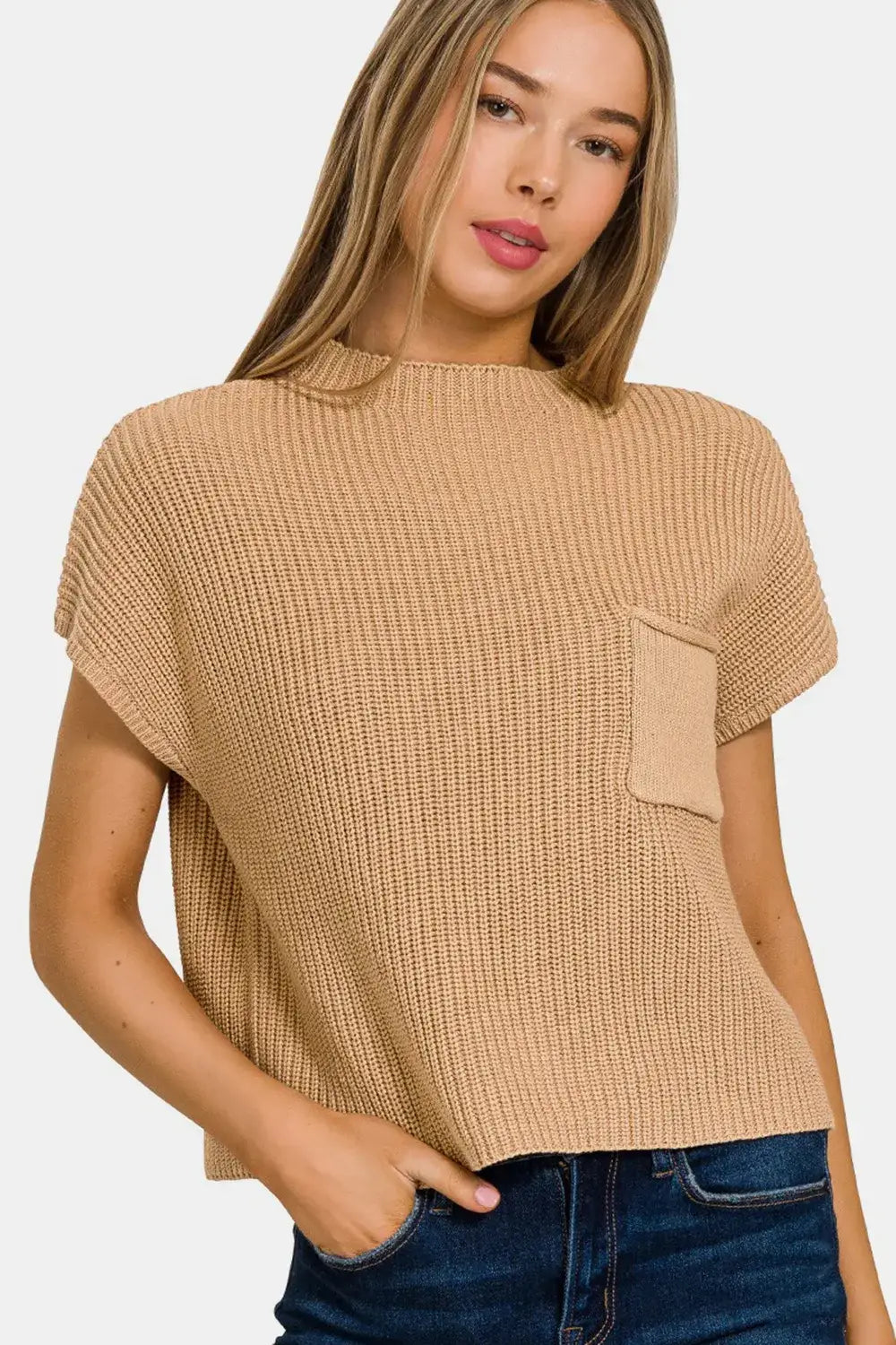Zenana Mock Neck Short Sleeve Cropped Sweater - Brush / S