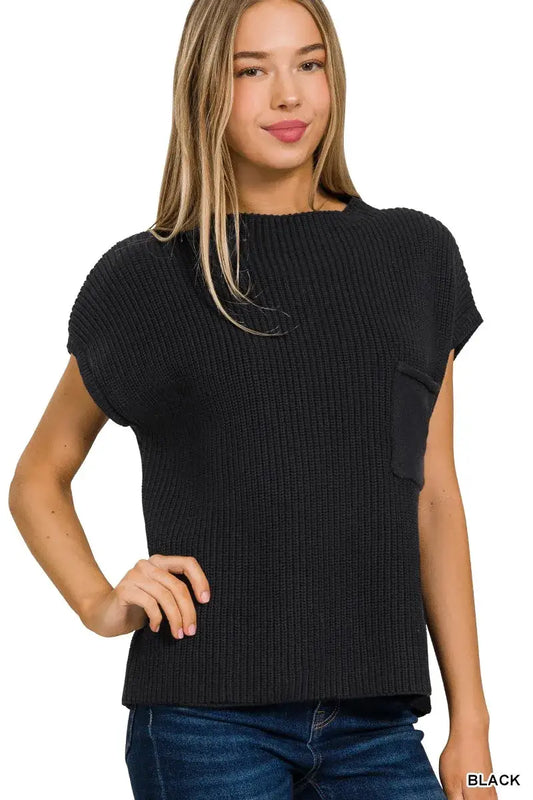 Zenana Mock Neck Short Sleeve Sweater - BLACK / S - Neck Short Sleeve Sweater