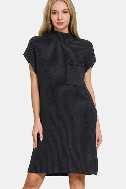 Zenana Mock Neck Short Sleeve Sweater Dress - Black / S
