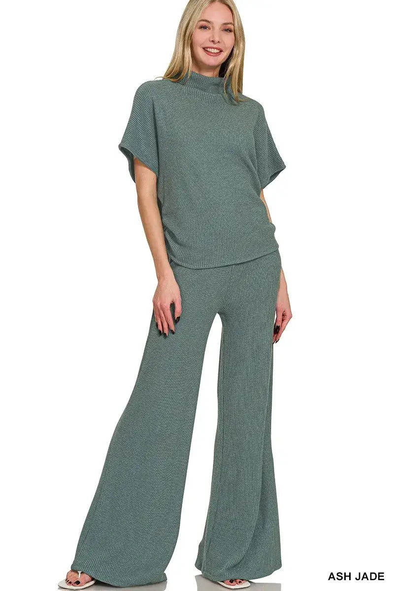 Zenana Mock Neck Top and Pants Sweater Set - ASH JADE / S - Top and Pants Sweater Set
