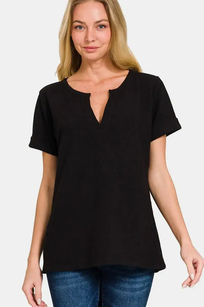 Zenana Notched Short Sleeve Waffle T-Shirt - Black / S