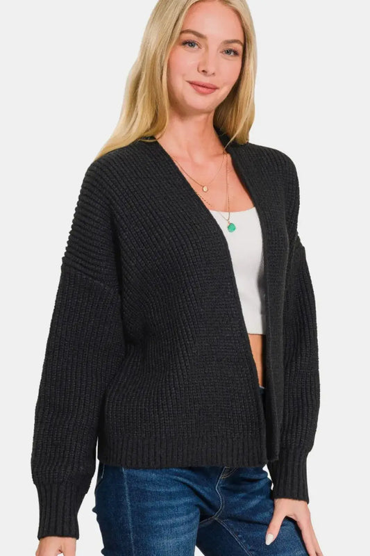 Zenana Open Front Drop Shoulder Sweater Cardigan - Black / S