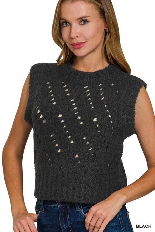 Zenana Openwork Textured Wool Sweater Vest - BLACK / S