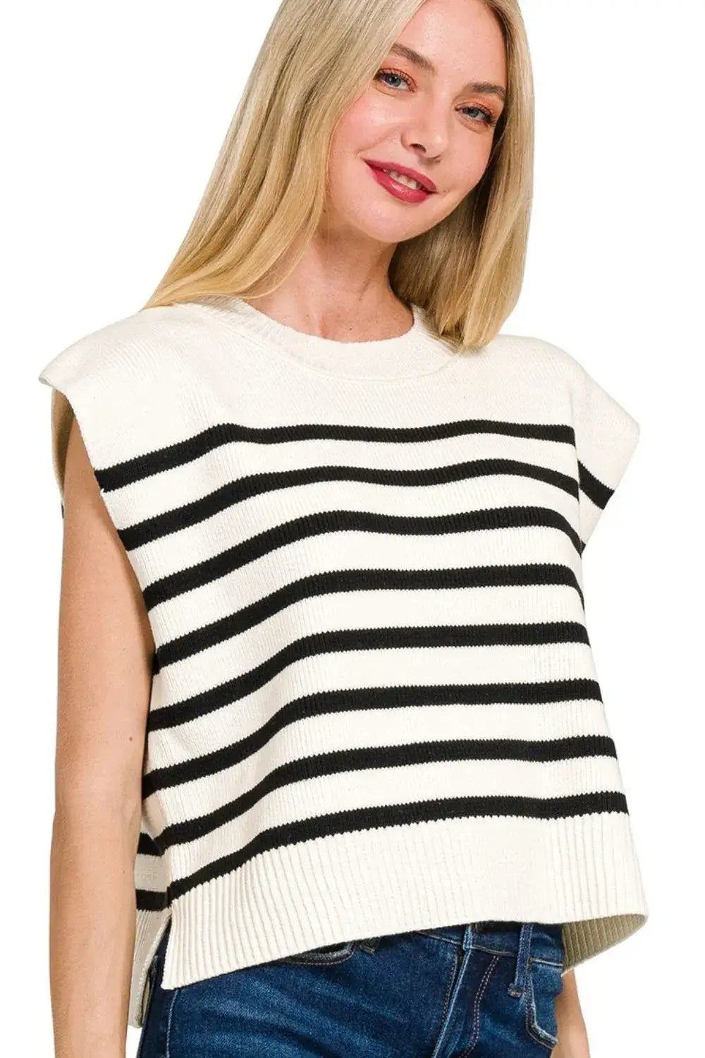 Women’s white and black striped sleeveless knit sweater vest from Zenana Oversized collection