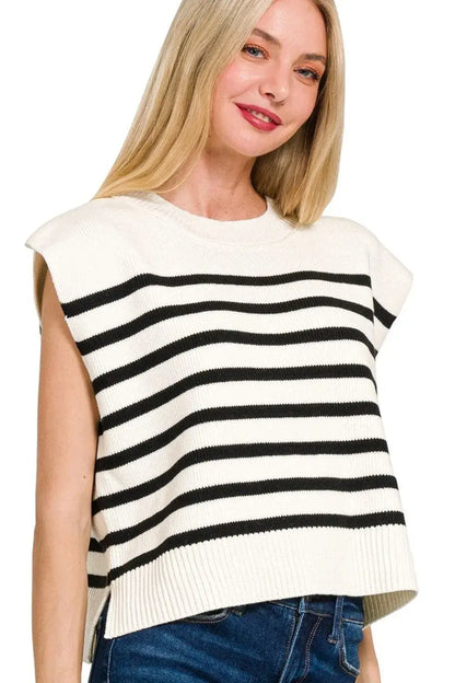 Women’s white and black striped sleeveless knit sweater vest from Zenana Oversized collection