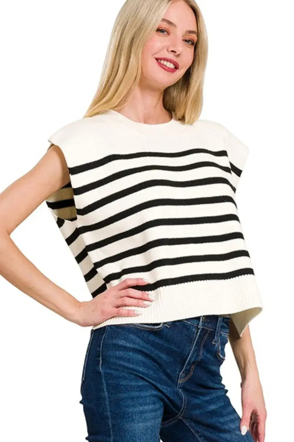 Zenana oversized stripe sweater vest worn by woman in cream and black sleeveless knit top