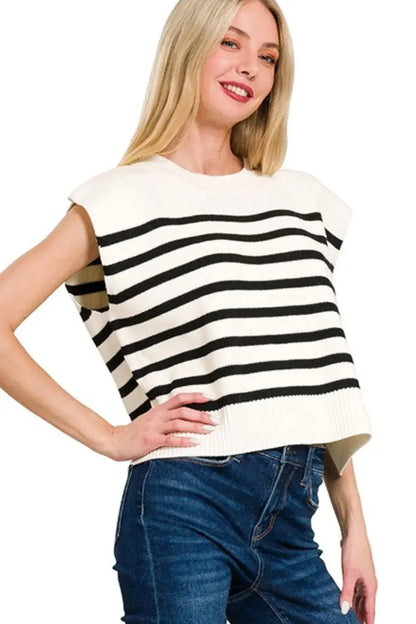 Zenana oversized stripe sweater vest worn by woman in cream and black sleeveless knit top
